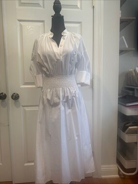 Anna Quan White Smocked-Waist Midi Dress